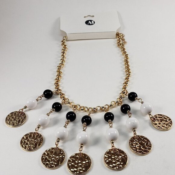 Gold Hammered Disc Charm Necklace w/ Black & White Beads – 22" Statement Jewelry - Picture 5 of 11